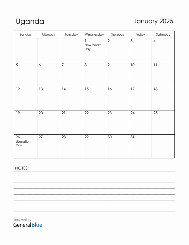 January 2025 Uganda Calendar with Holidays (Sunday Start)