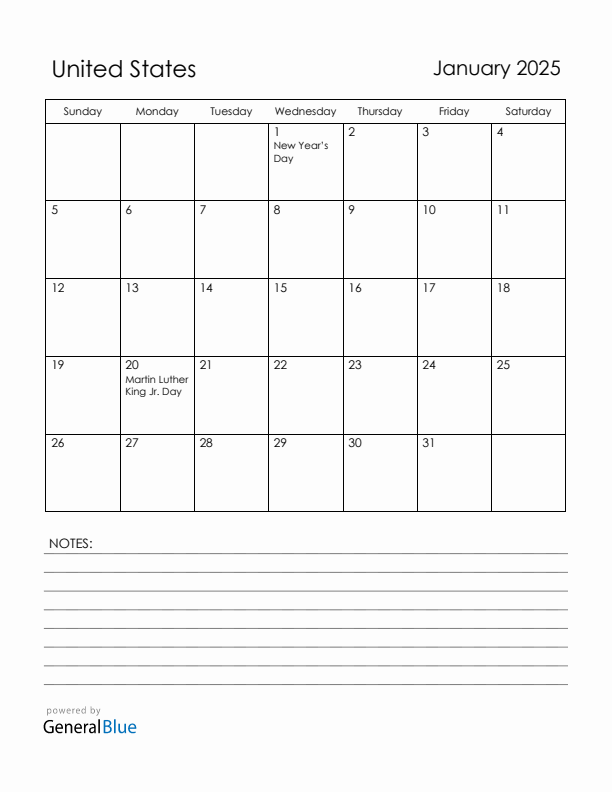 January 2025 Monthly Calendar with United States Holidays