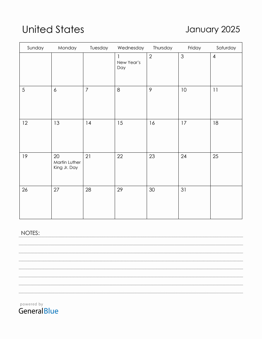 January 2025 United States Calendar with Holidays