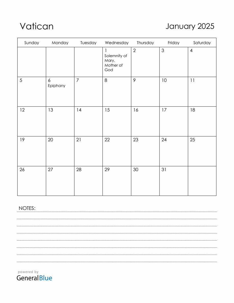 January 2025 Vatican Calendar with Holidays