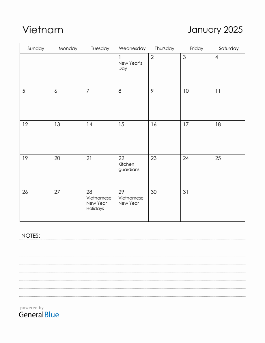 January 2025 Vietnam Calendar with Holidays