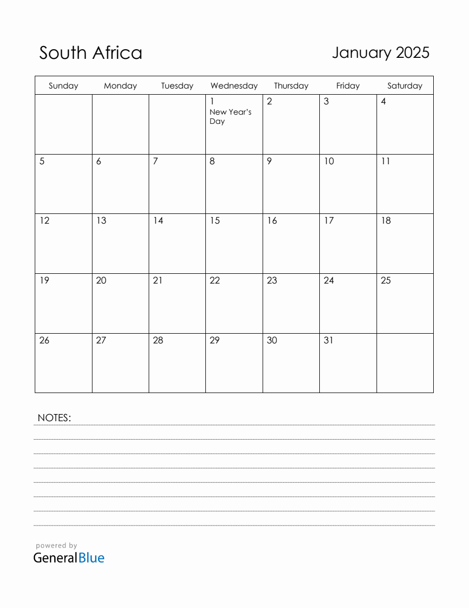 January 2025 South Africa Calendar with Holidays