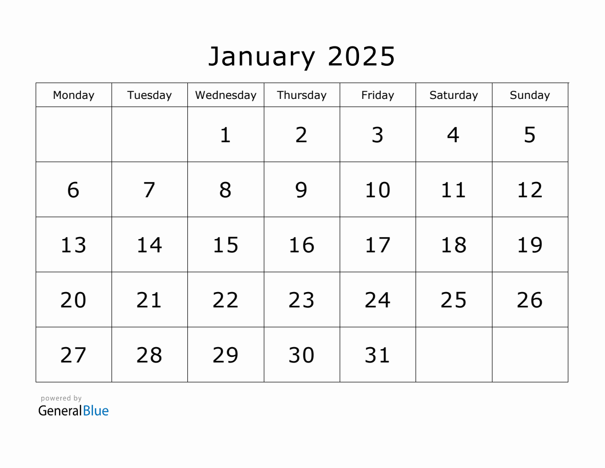 January 2025 Calendar Month