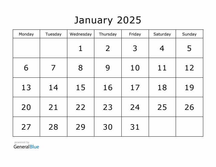 Printable January 2025 Calendar - Monday Start