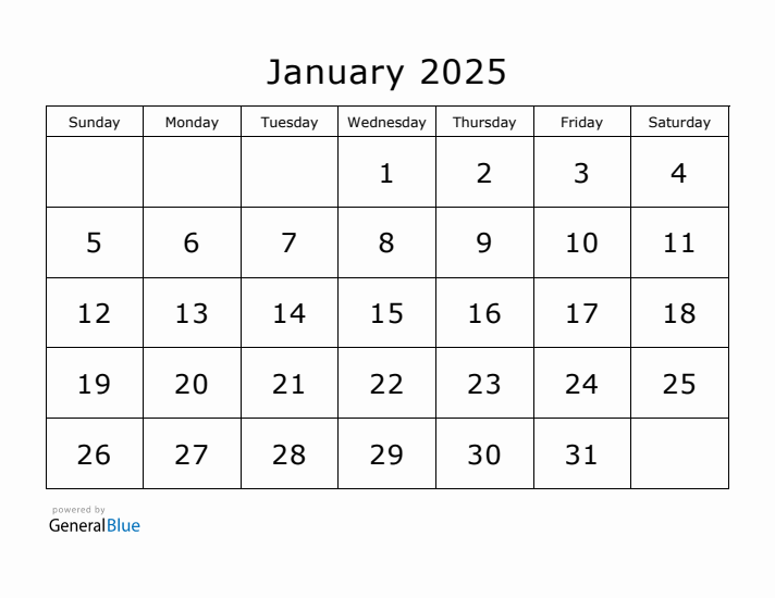 Printable January 2025 Calendar - Sunday Start