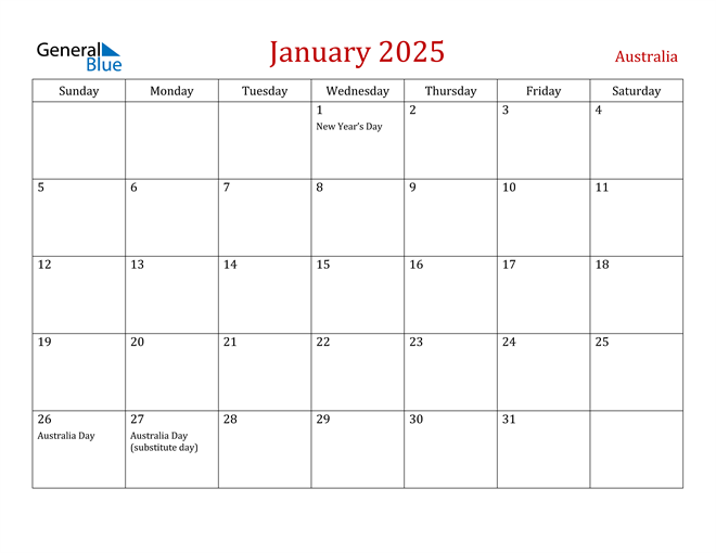 January 2025 Calendar with Australia Holidays