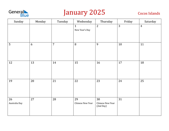 Cocos Islands January 2025 Calendar with Holidays