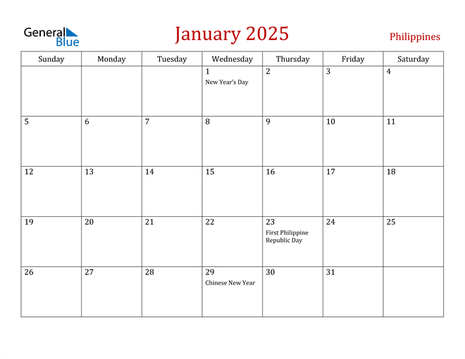 January 2025 Calendar with Philippines Holidays