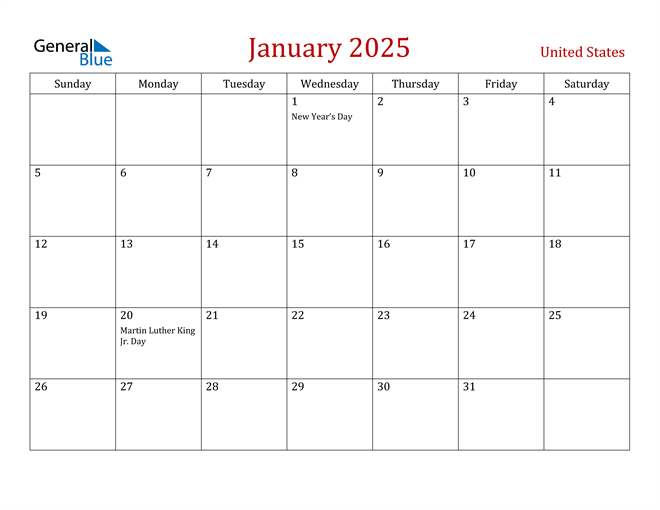 United States January 2025 Calendar