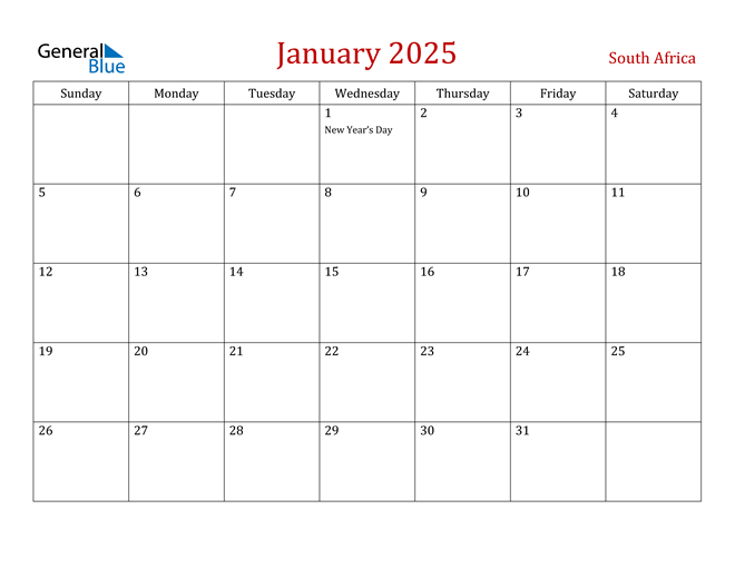 January 2025 Calendar with South Africa Holidays