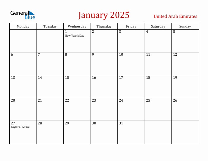 United Arab Emirates January 2025 Calendar - Monday Start