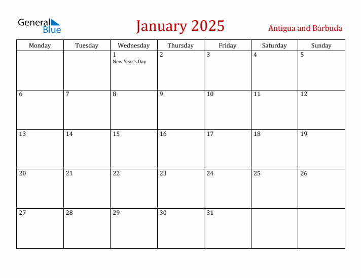 Antigua and Barbuda January 2025 Calendar - Monday Start
