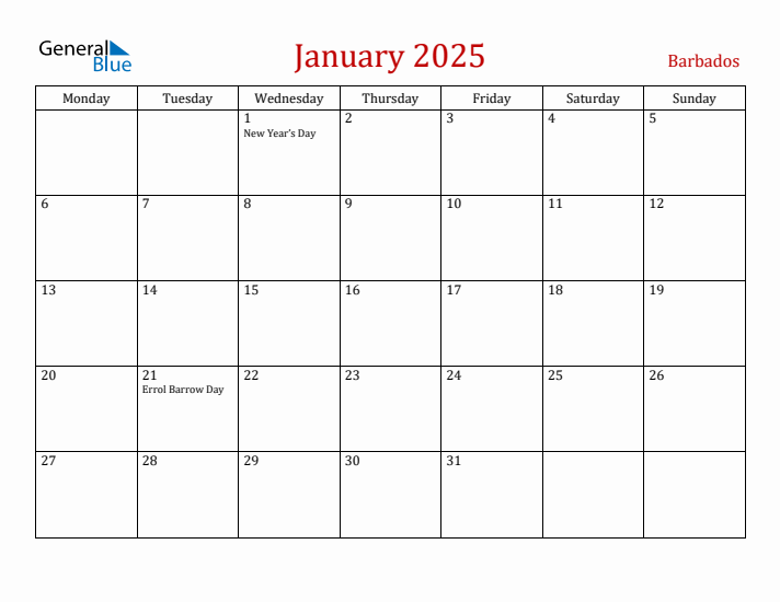 Barbados January 2025 Calendar - Monday Start