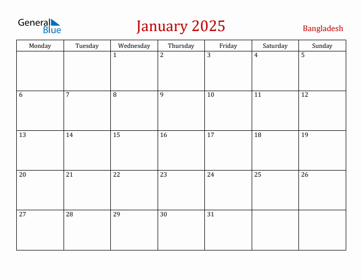 January 2025 Bangladesh Monthly Calendar with Holidays