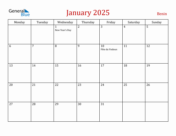 Benin January 2025 Calendar - Monday Start