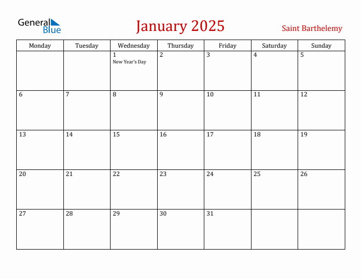 Saint Barthelemy January 2025 Calendar - Monday Start