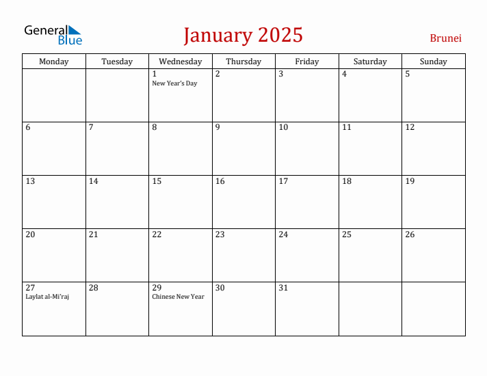 Brunei January 2025 Calendar - Monday Start