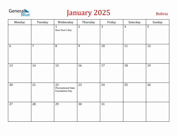 Bolivia January 2025 Calendar - Monday Start