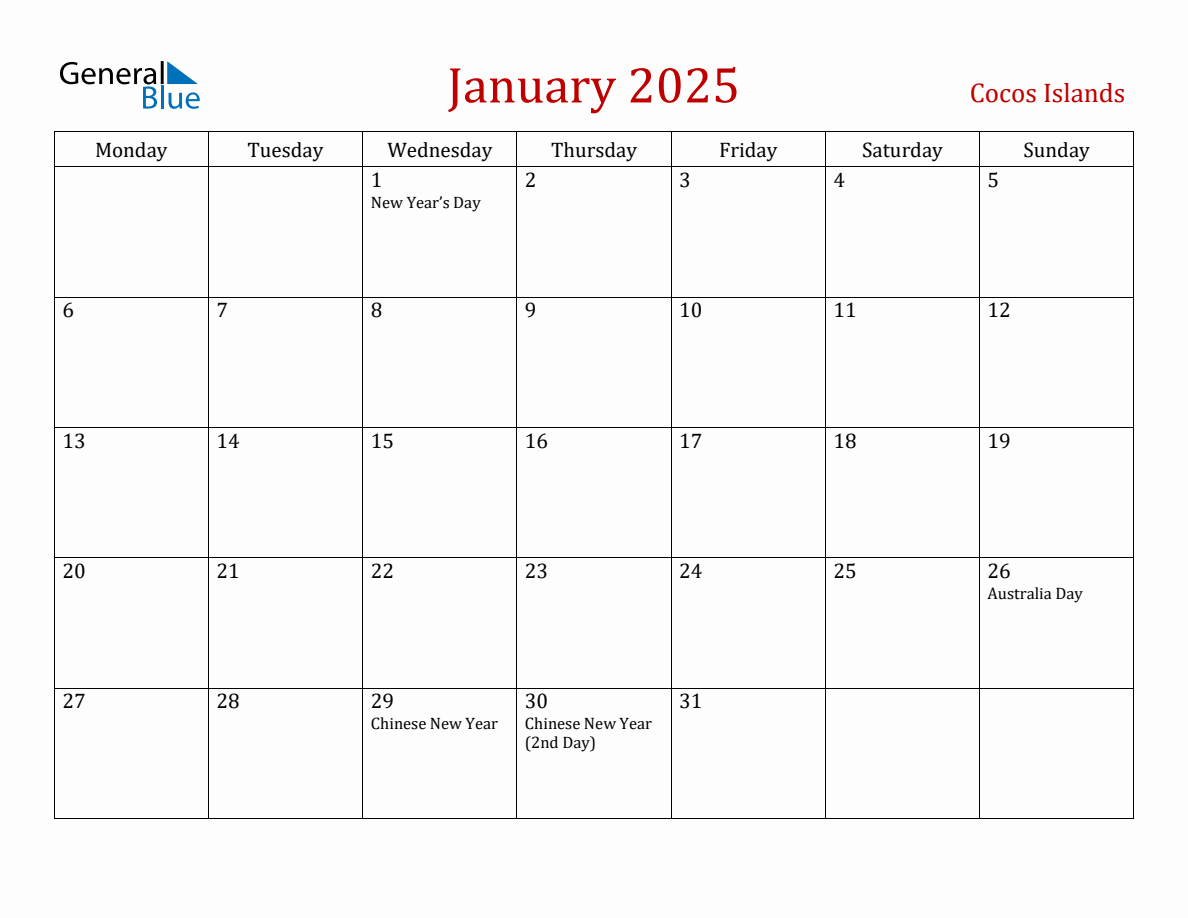 January 2025 Cocos Islands Monthly Calendar with Holidays