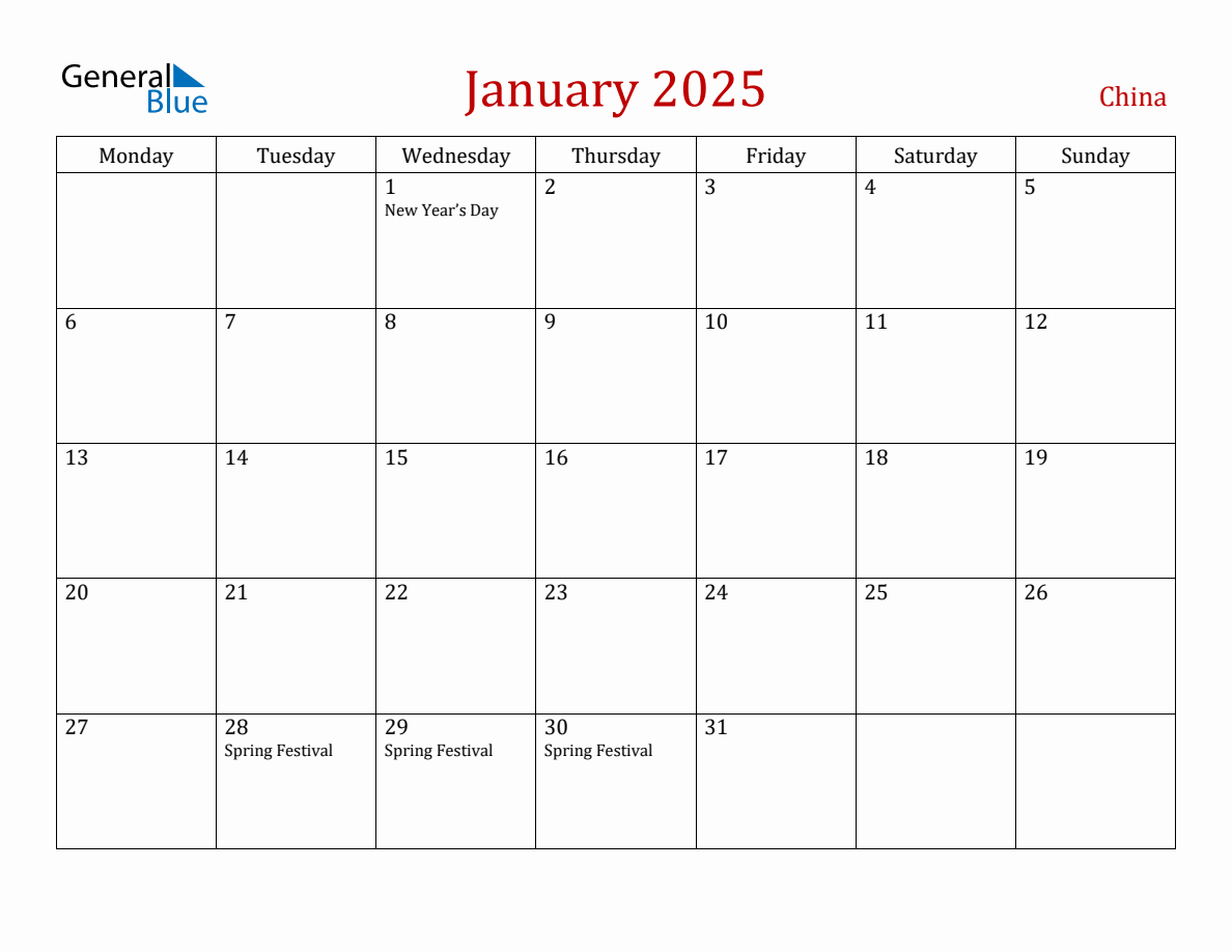 January 2025 China Monthly Calendar with Holidays