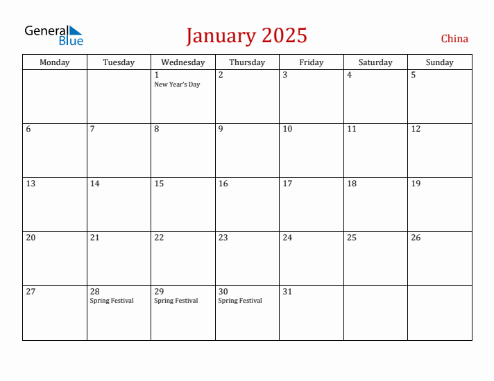 China January 2025 Calendar - Monday Start