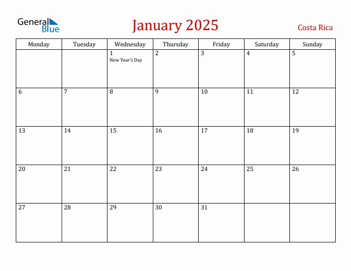 Costa Rica January 2025 Calendar - Monday Start