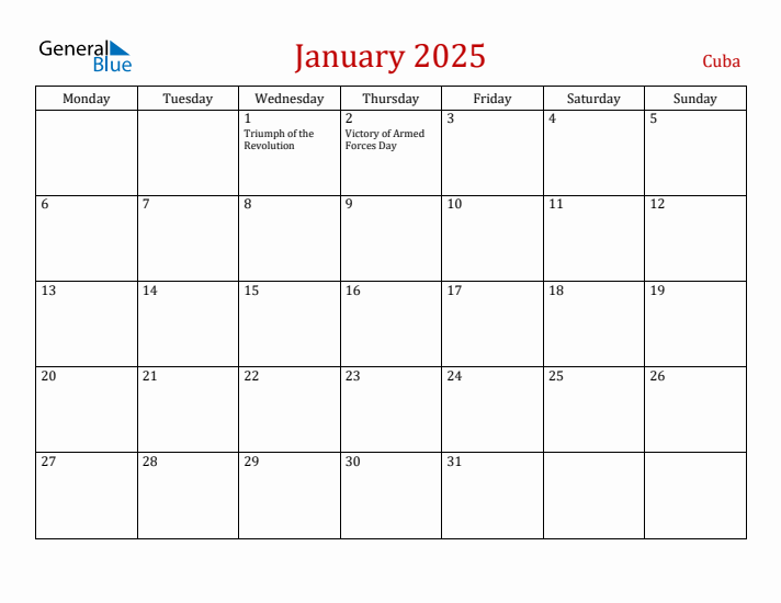 Cuba January 2025 Calendar - Monday Start