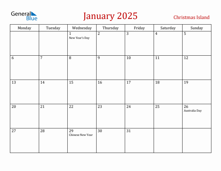 Christmas Island January 2025 Calendar - Monday Start