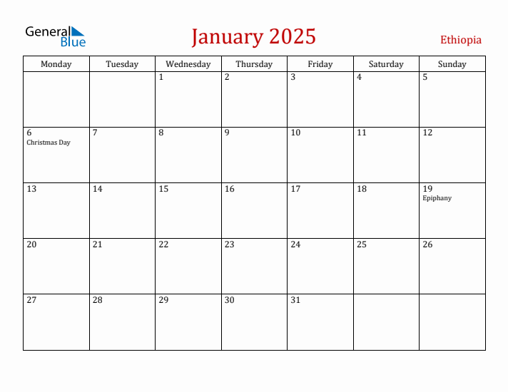 Ethiopia January 2025 Calendar - Monday Start