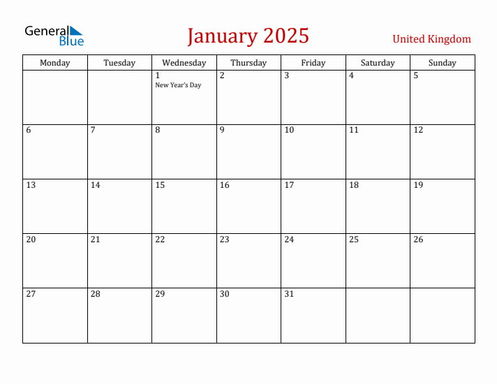United Kingdom January 2025 Calendar - Monday Start
