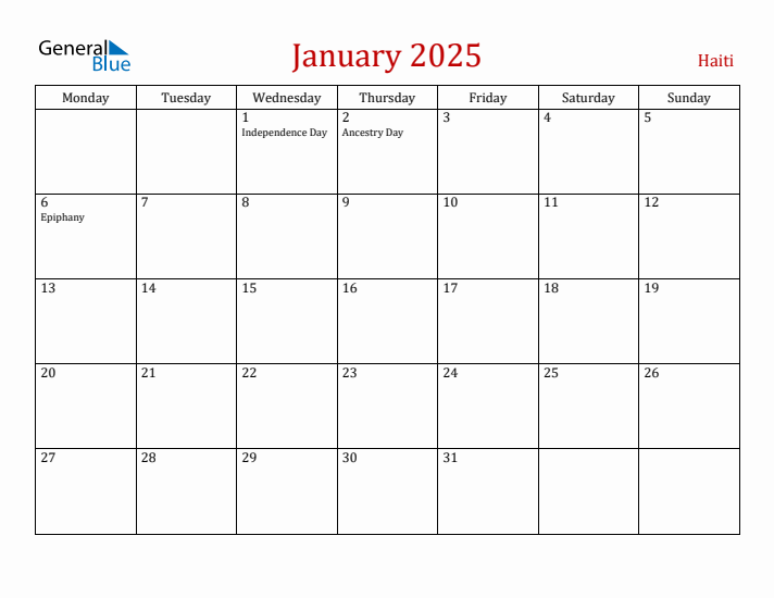 Haiti January 2025 Calendar - Monday Start