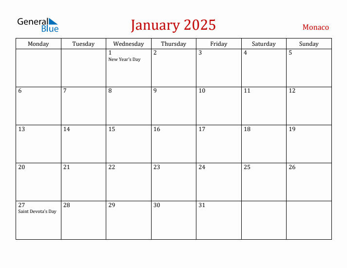 Monaco January 2025 Calendar - Monday Start