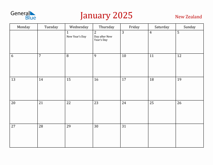 New Zealand January 2025 Calendar - Monday Start