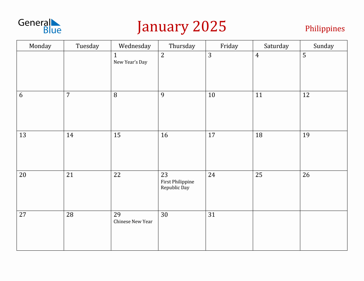 January 2025 Philippines Monthly Calendar with Holidays