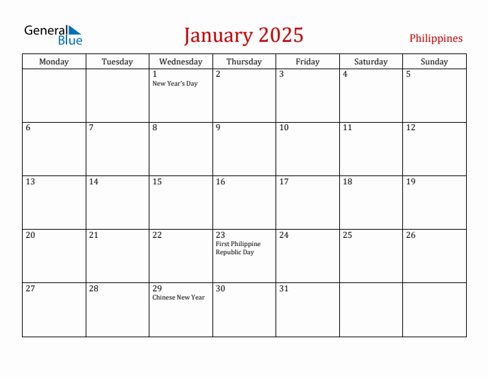 Philippines January 2025 Calendar - Monday Start