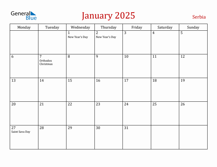 Serbia January 2025 Calendar - Monday Start