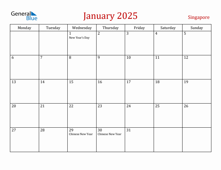 Singapore January 2025 Calendar - Monday Start