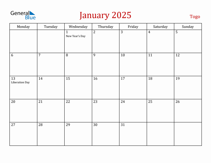 January 2025 Togo Monthly Calendar with Holidays