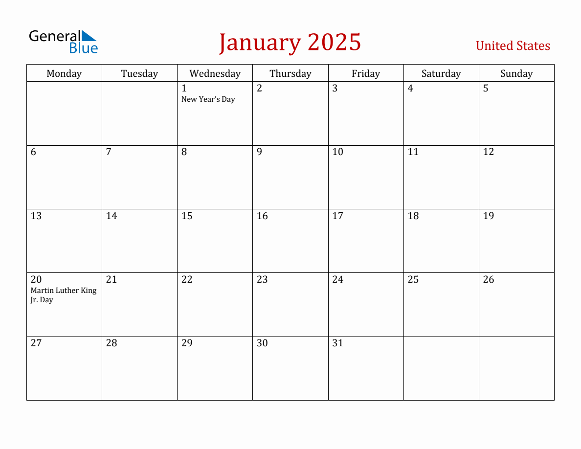 January 2025 United States Monthly Calendar with Holidays