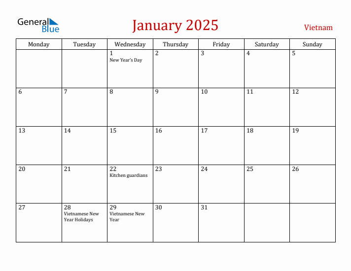 Vietnam January 2025 Calendar - Monday Start