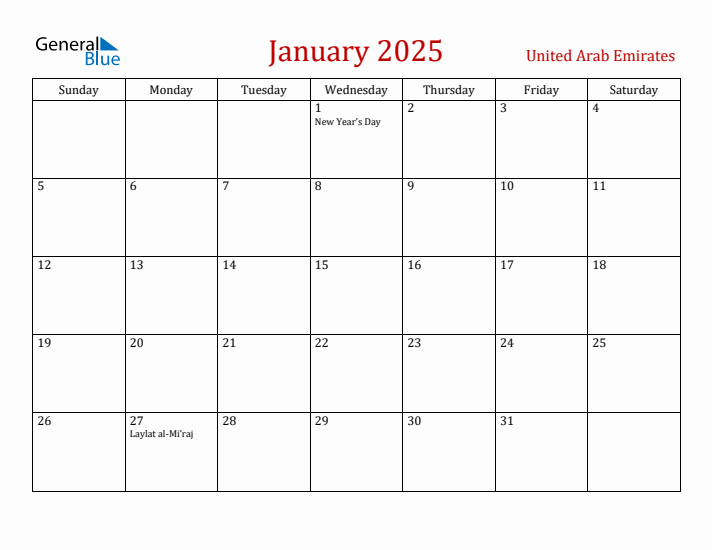 United Arab Emirates January 2025 Calendar - Sunday Start