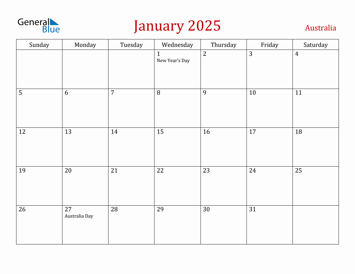 January 2025 Australia Monthly Calendar with Holidays