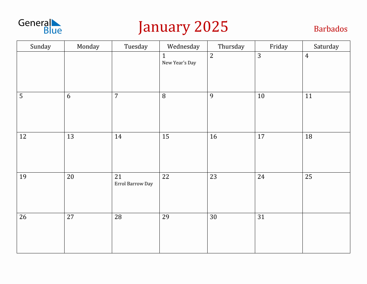 January 2025 Barbados Monthly Calendar with Holidays