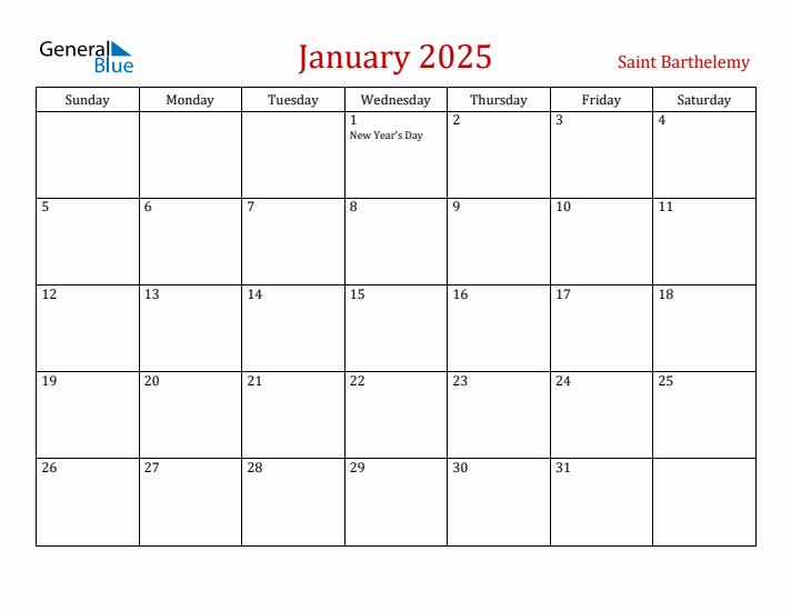 Saint Barthelemy January 2025 Calendar - Sunday Start