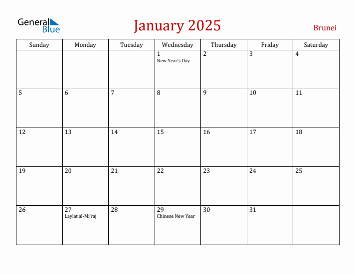 Brunei January 2025 Calendar - Sunday Start