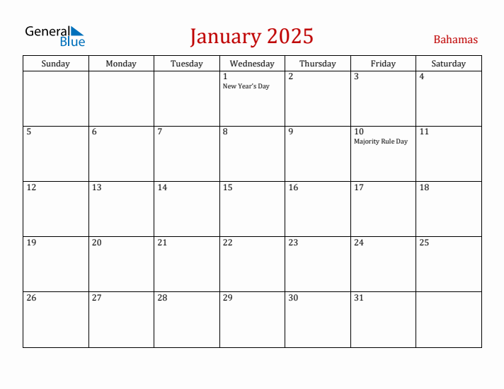 Bahamas January 2025 Calendar - Sunday Start