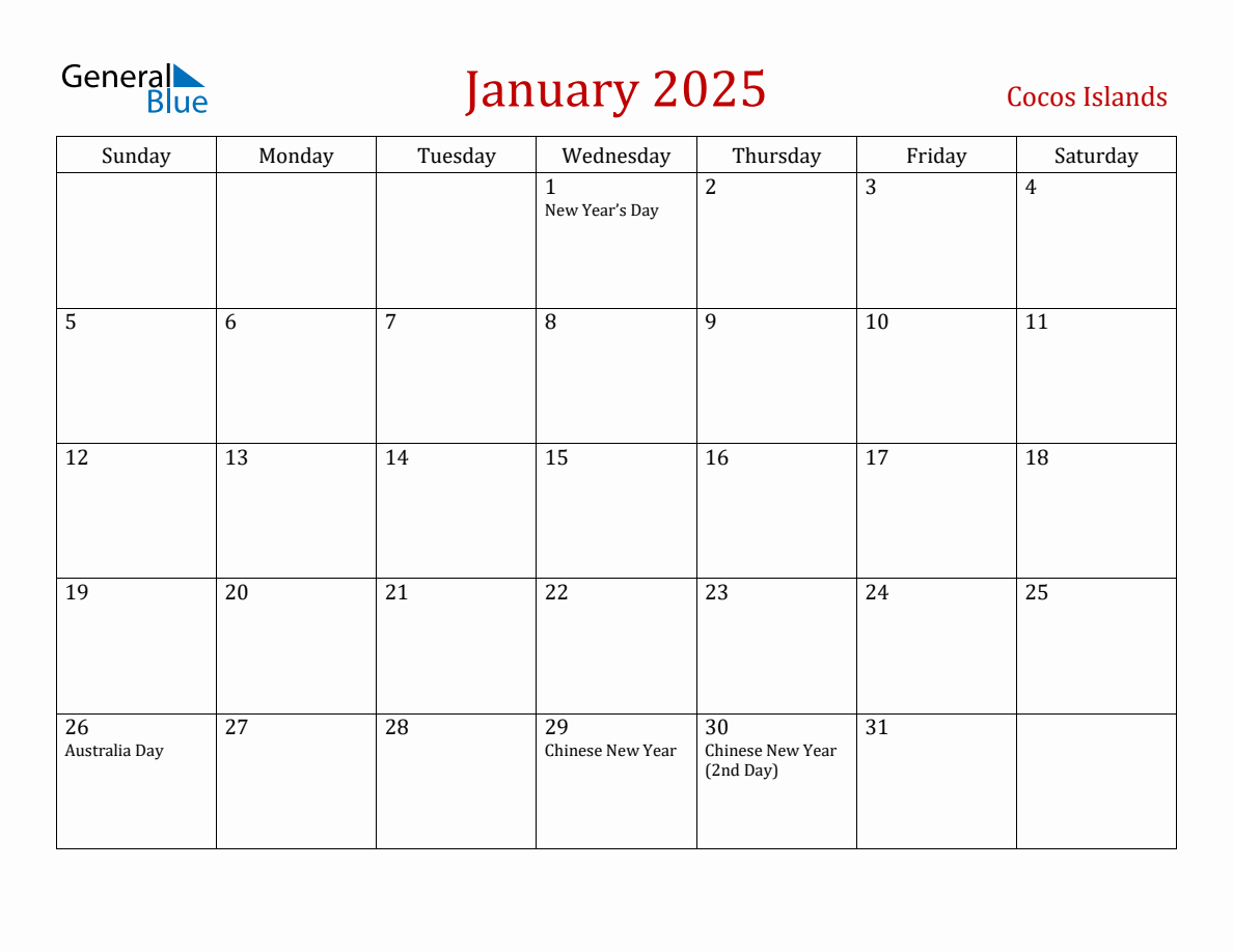 January 2025 Cocos Islands Monthly Calendar with Holidays