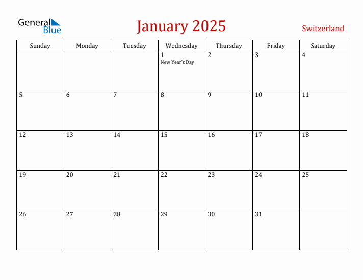 Switzerland January 2025 Calendar - Sunday Start