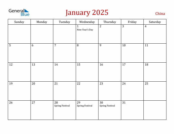 January 2025 China Monthly Calendar with Holidays