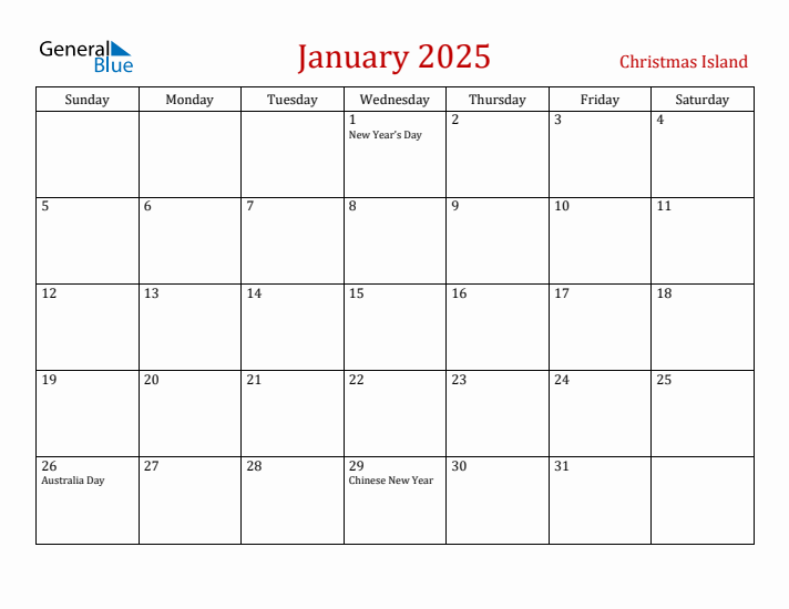 Christmas Island January 2025 Calendar - Sunday Start